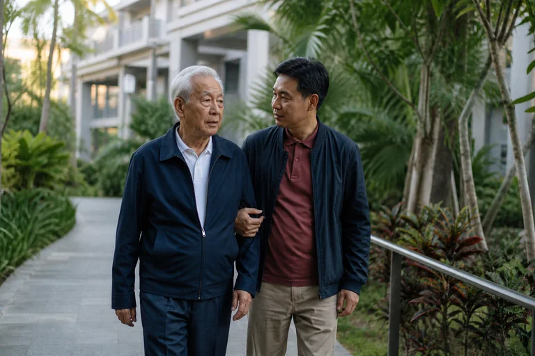 长者与成年儿子在无障碍花园缓步同行的品牌概念画面