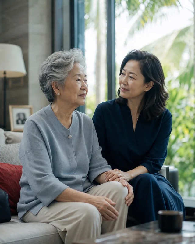 长者与成年女儿在窗边交流的品牌概念画面